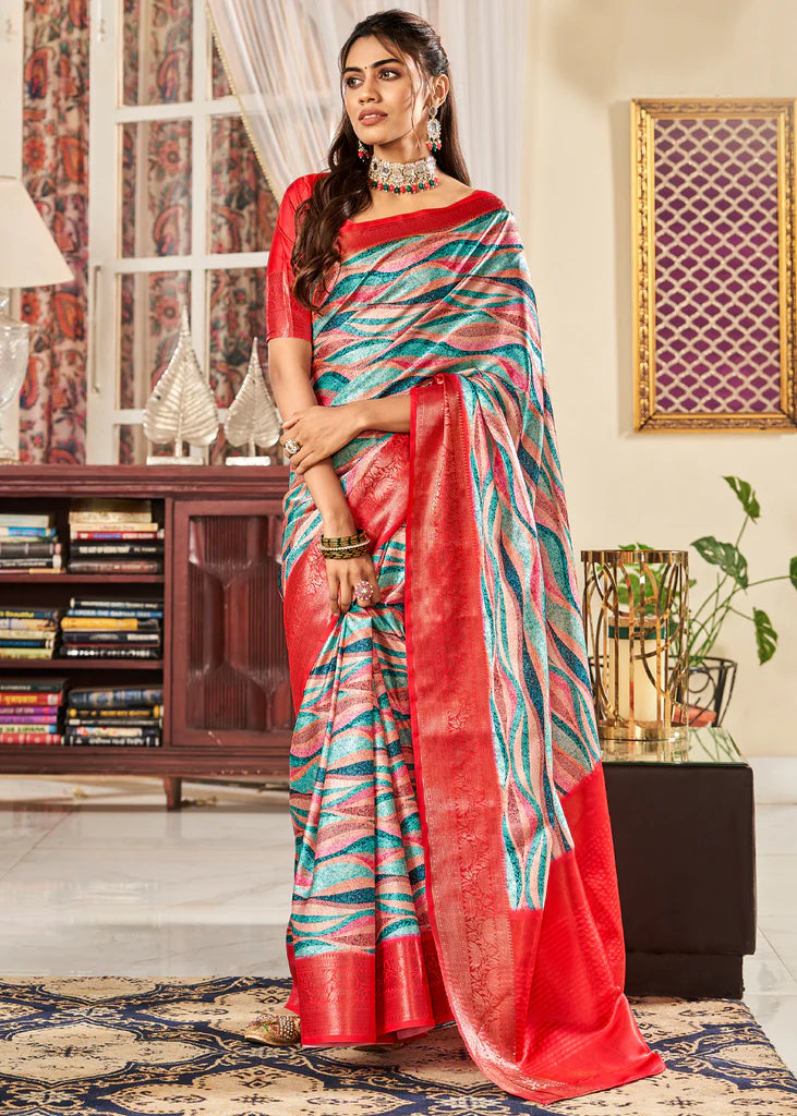 Luxurious Blue And Red Waves Printed Satin Saree