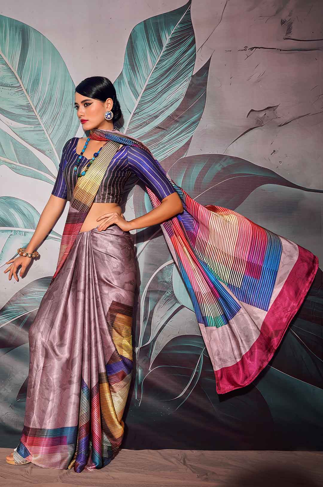 Multicolor Yellow Printed Satin Crepe Saree