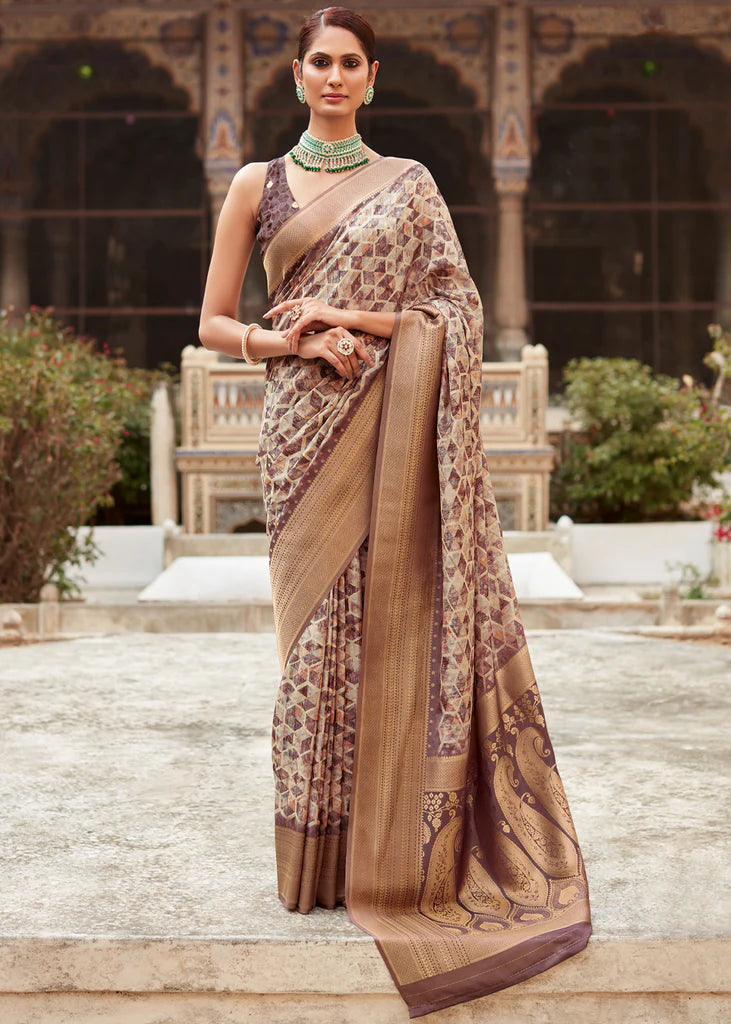 Twilight Clay Brown Banarasi Digital Printed Silk Saree