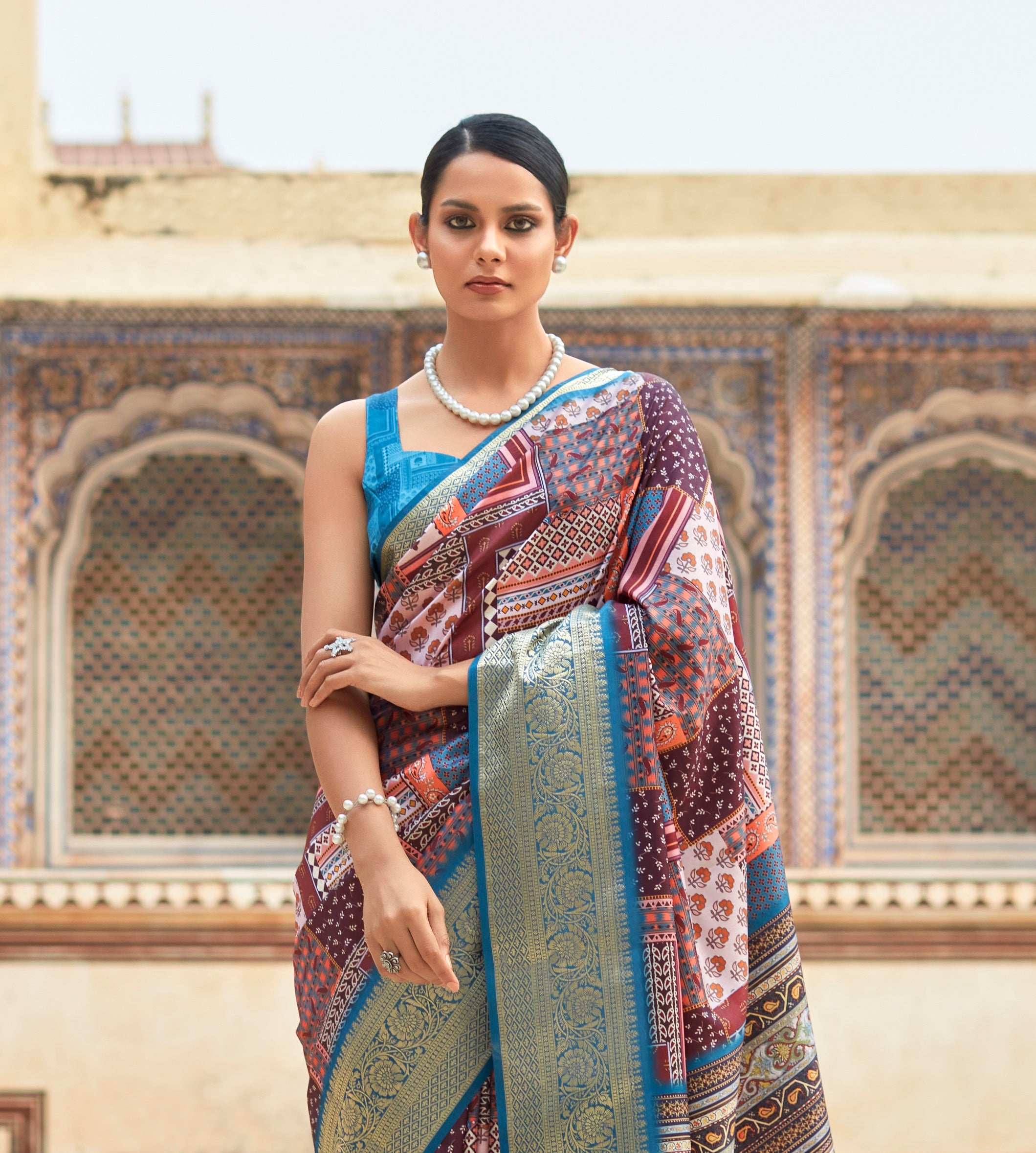 Wine And Sky Blue Digital Printed Dola Silk Saree