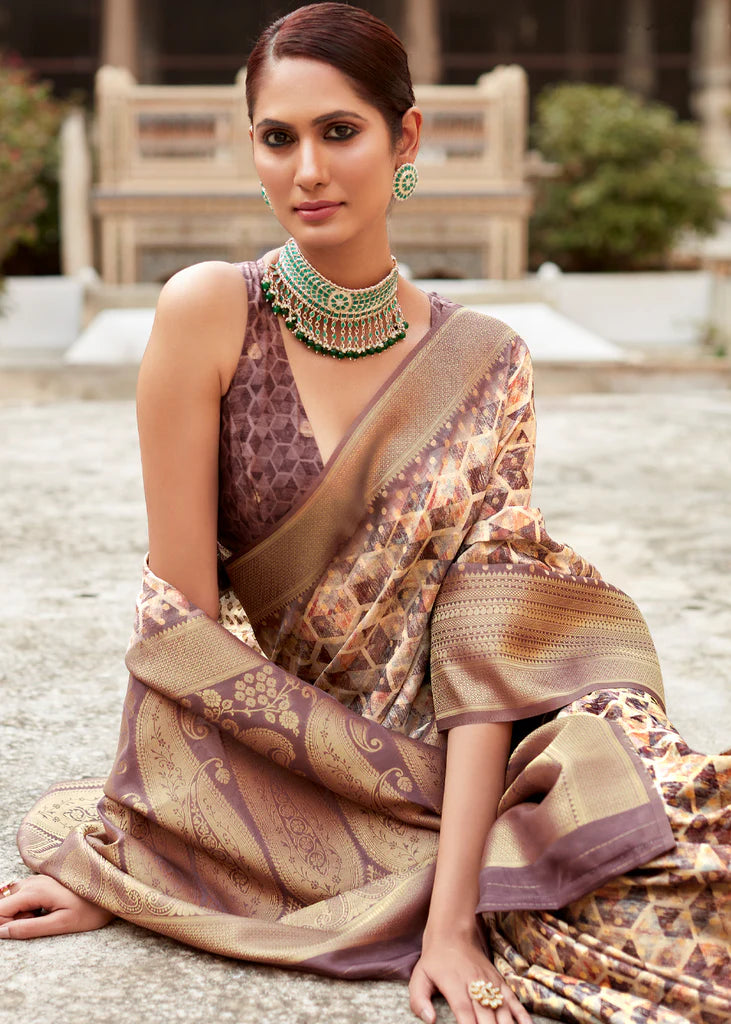 Twilight Clay Brown Banarasi Digital Printed Silk Saree