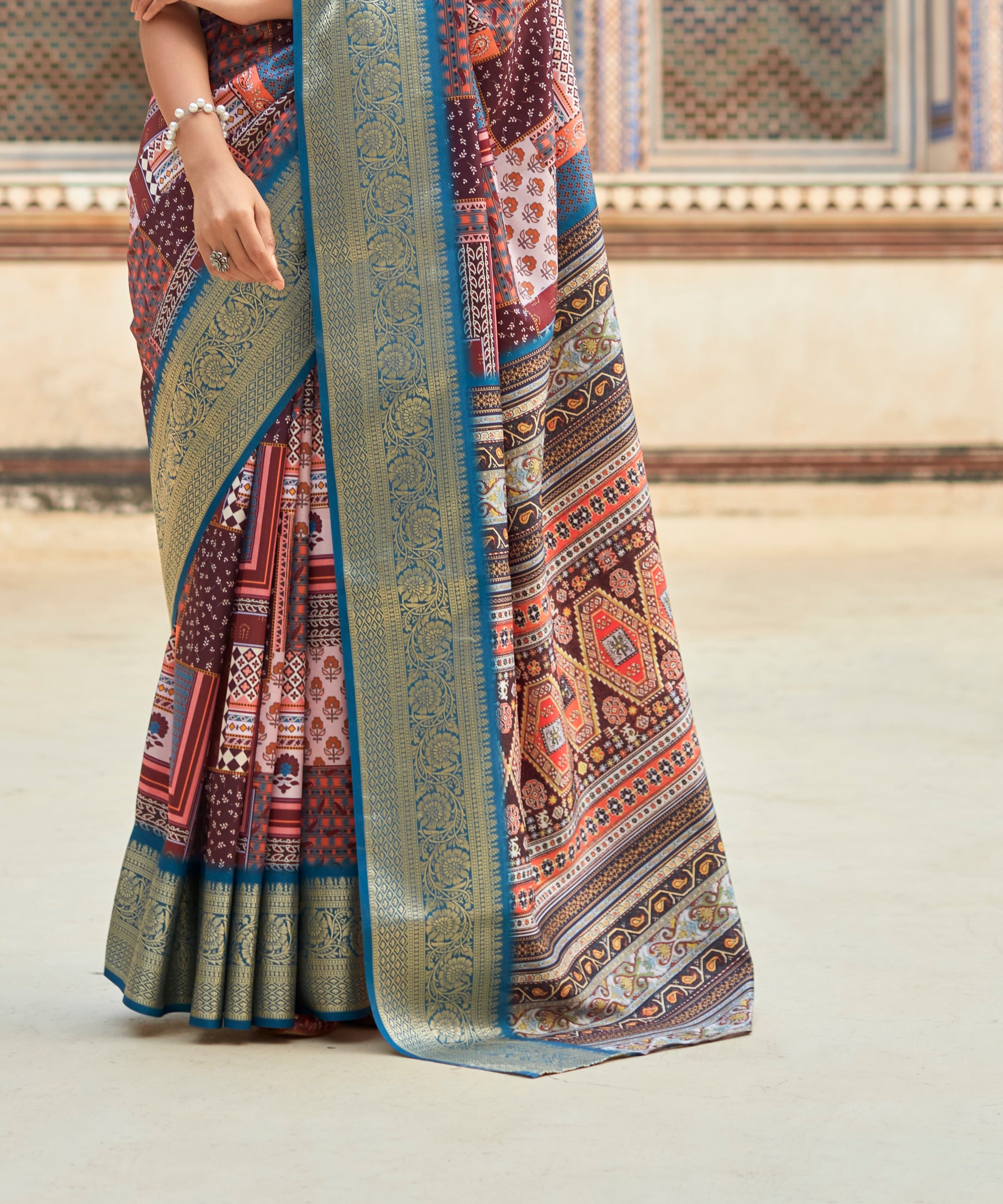 Wine And Sky Blue Digital Printed Dola Silk Saree