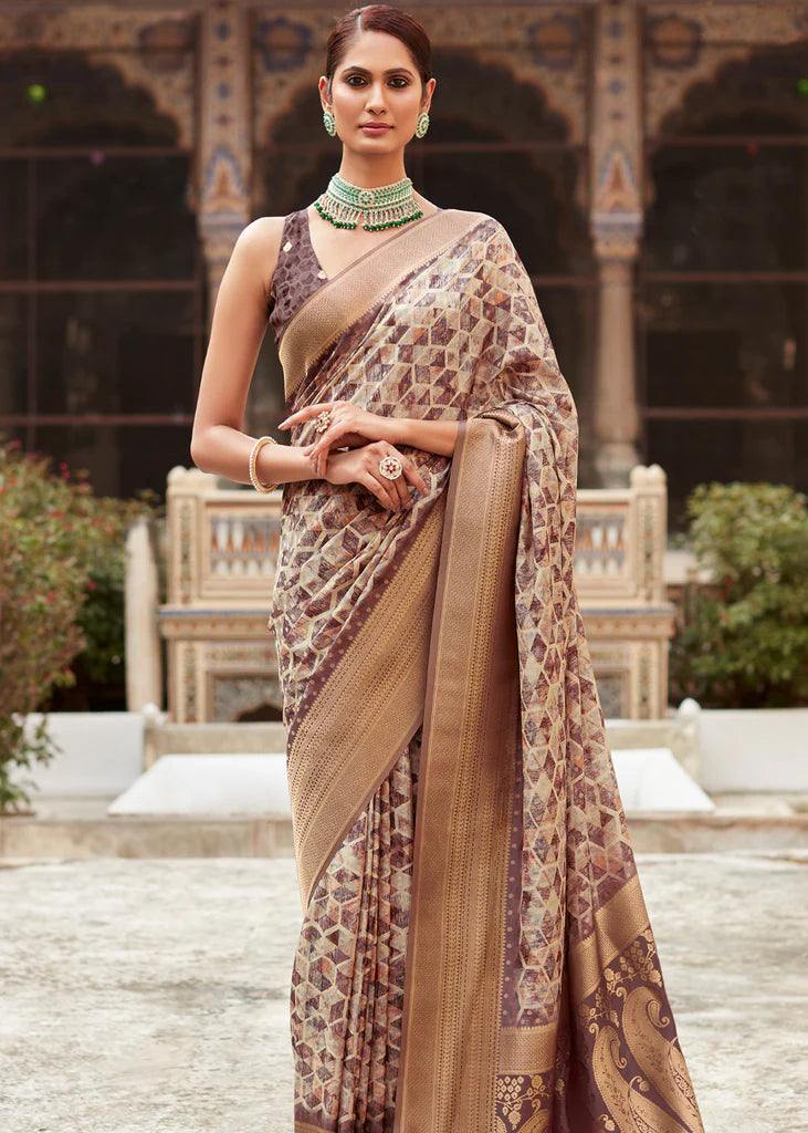 Twilight Clay Brown Banarasi Digital Printed Silk Saree