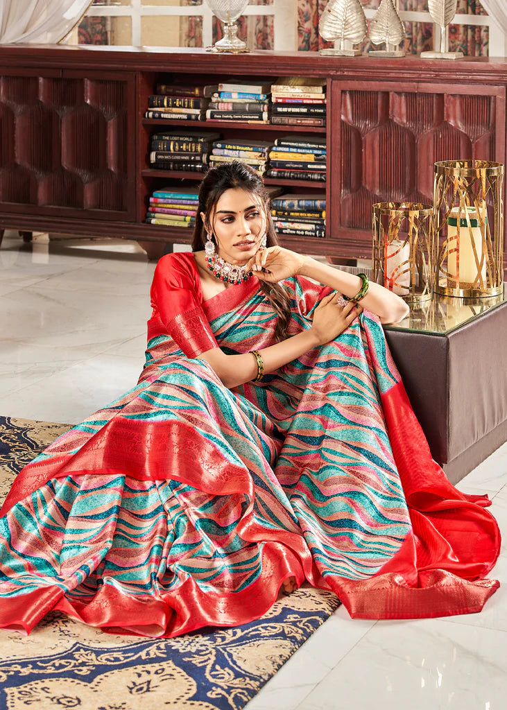 Luxurious Blue And Red Waves Printed Satin Saree