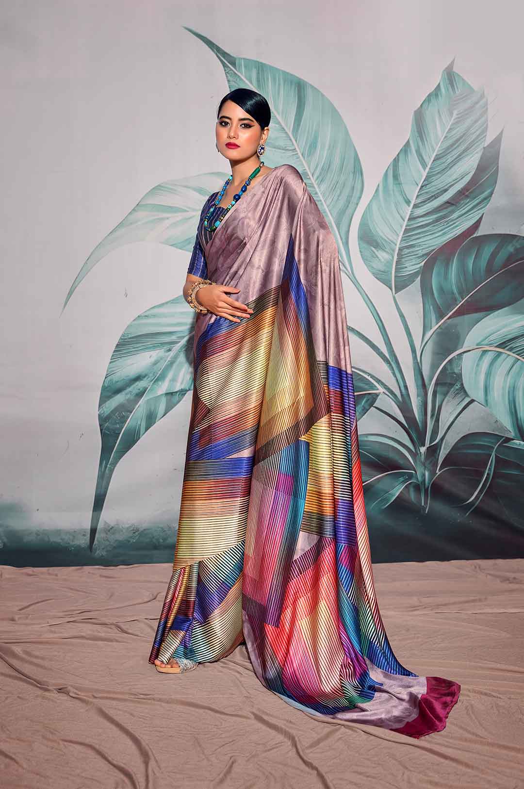 Multicolor Yellow Printed Satin Crepe Saree