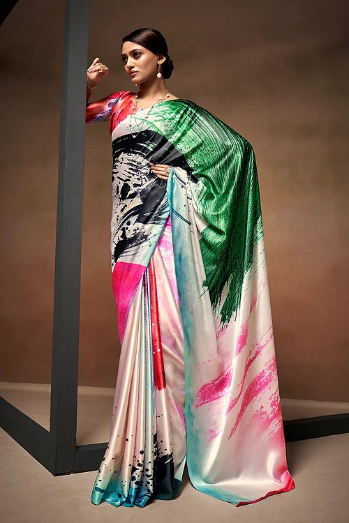 Multicolor Bollywood Style Soft Satin Crepe Saree