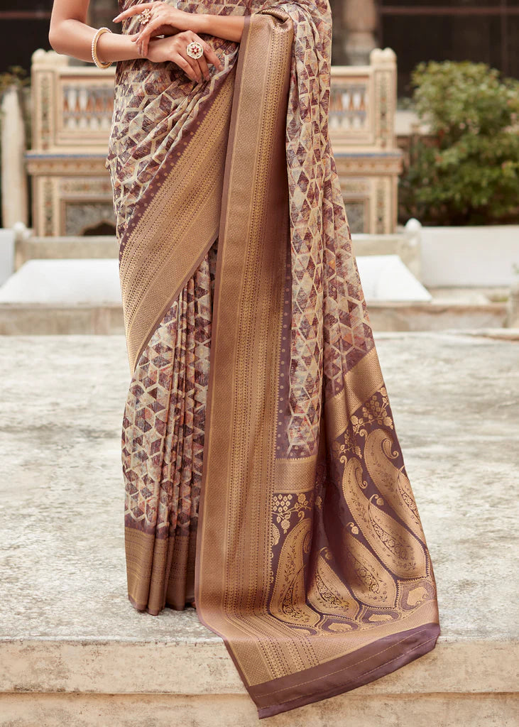 Twilight Clay Brown Banarasi Digital Printed Silk Saree