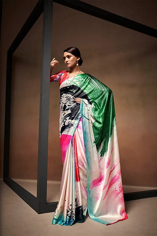 Multicolor Bollywood Style Soft Satin Crepe Saree