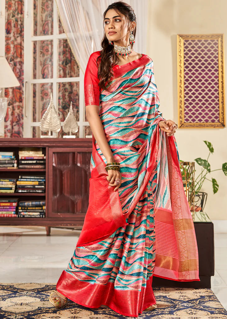 Luxurious Blue And Red Waves Printed Satin Saree