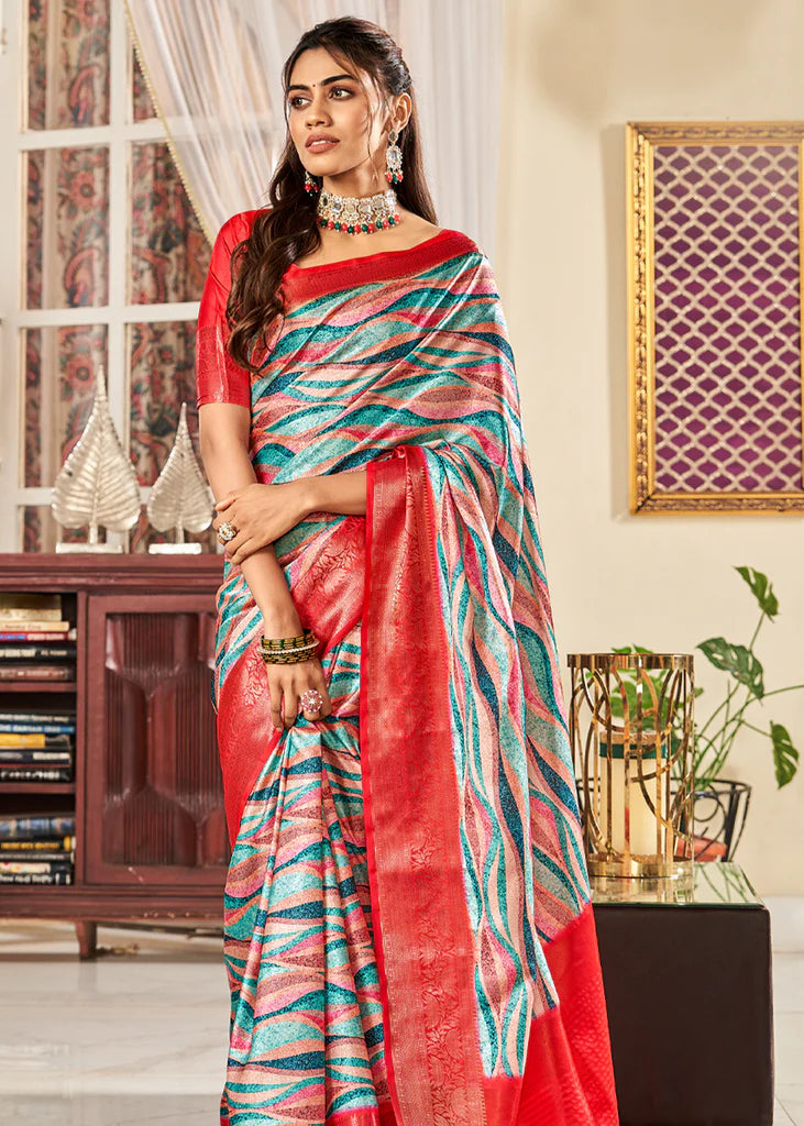 Luxurious Blue And Red Waves Printed Satin Saree