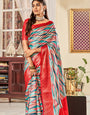 Luxurious Blue And Red Waves Printed Satin Saree