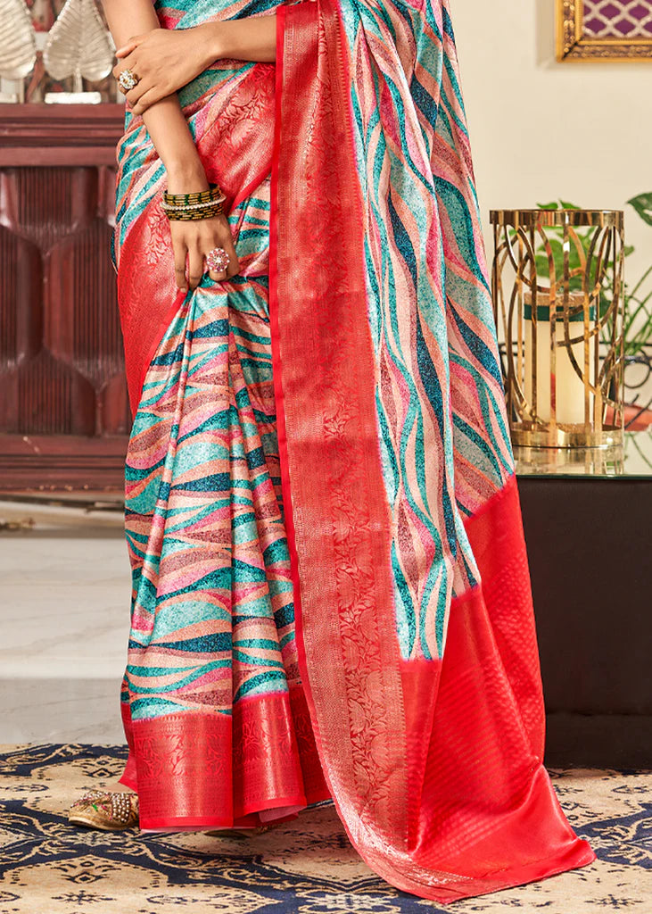 Luxurious Blue And Red Waves Printed Satin Saree