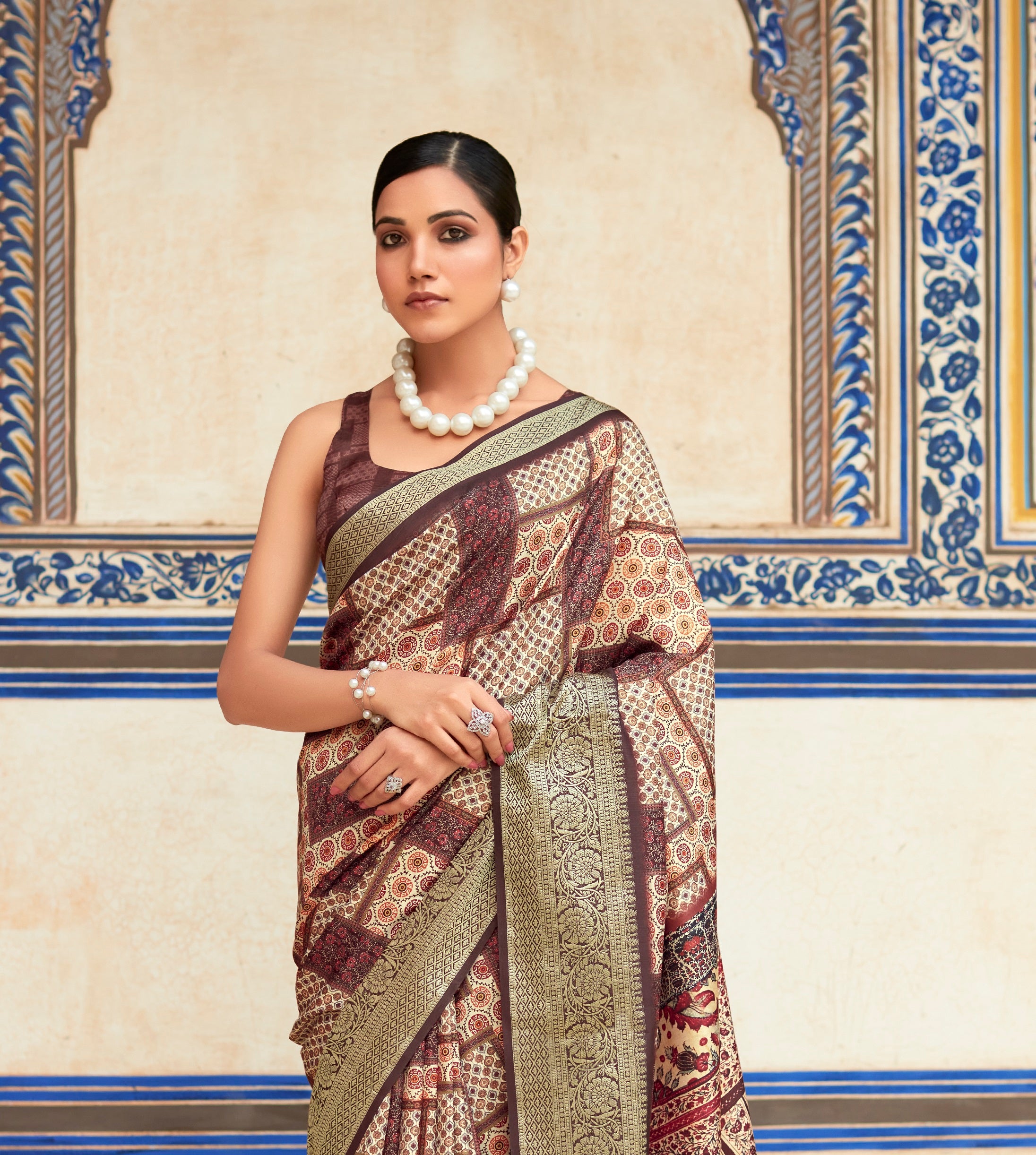 Brown Digital Printed Dola Silk Saree