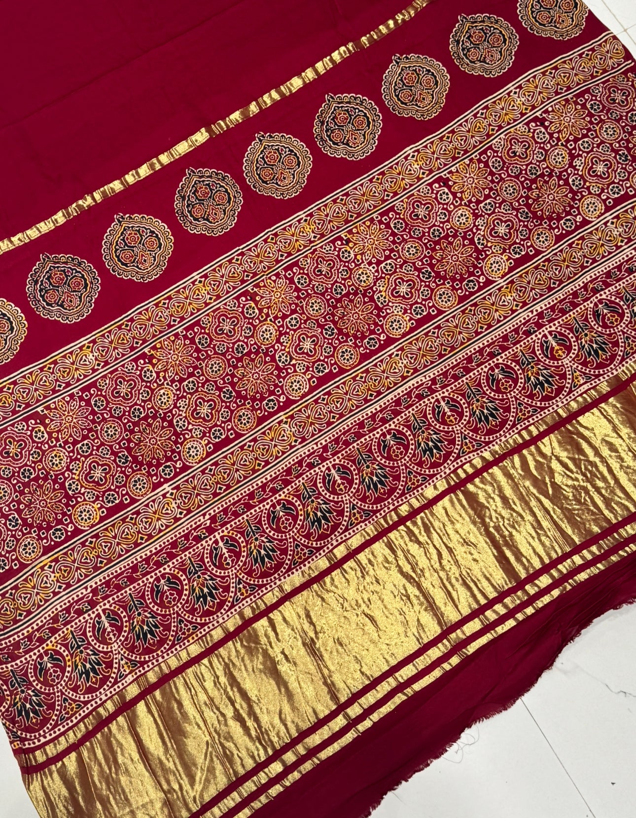 Maroon Ajrakh Gharchola Border Hand Block Pure Modal Silk Saree With Fancy Ajrakh And Zari Pallu