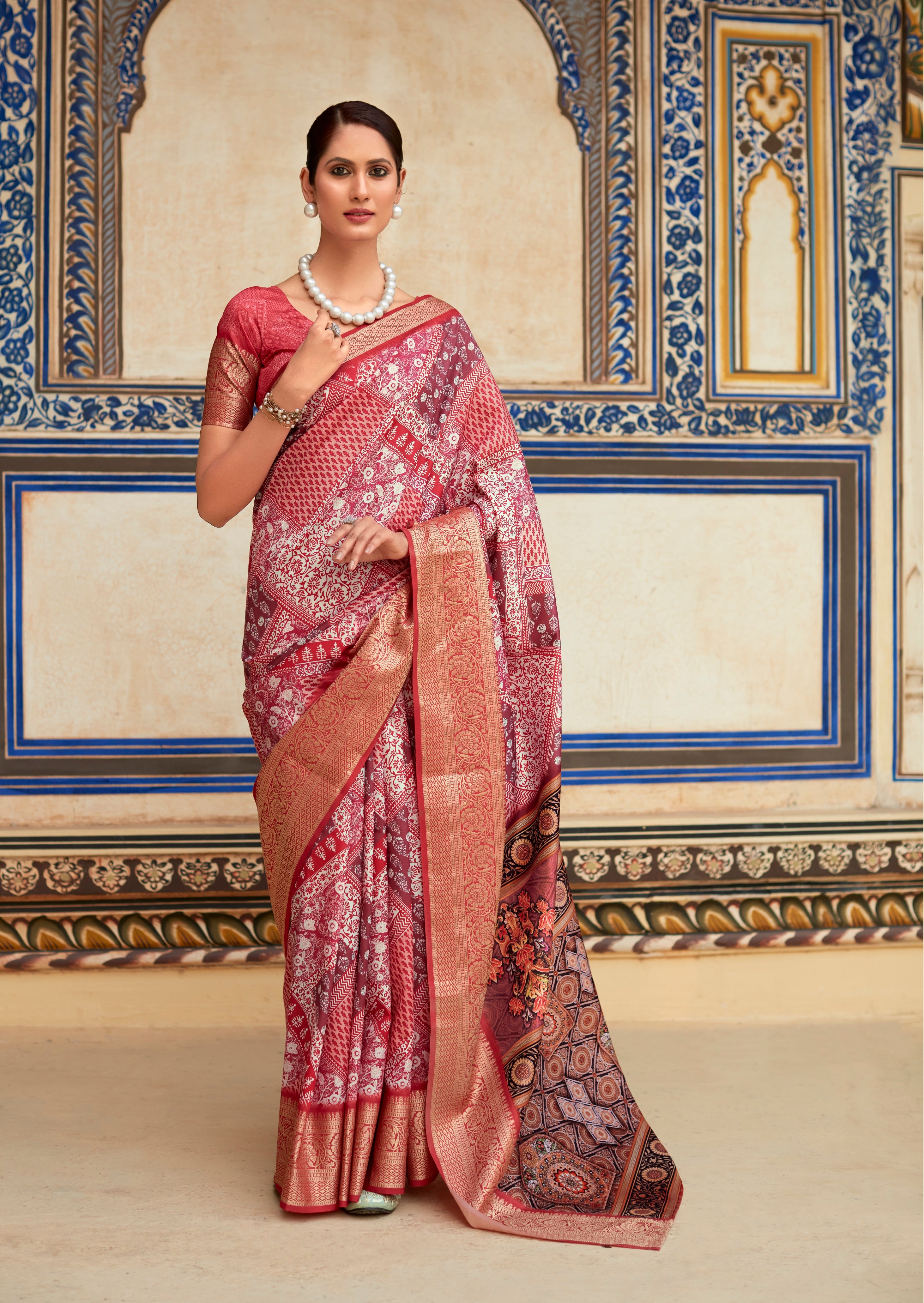 Maroon Digital Printed Dola Silk Saree