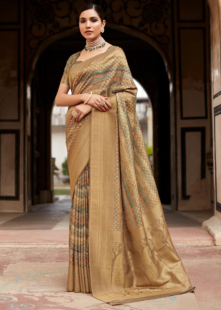 Elegant Brown Banarasi Digital Printed Silk Saree