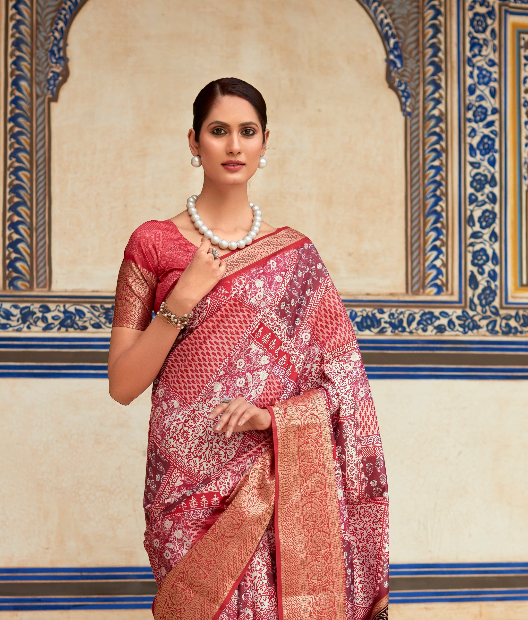 Maroon Digital Printed Dola Silk Saree