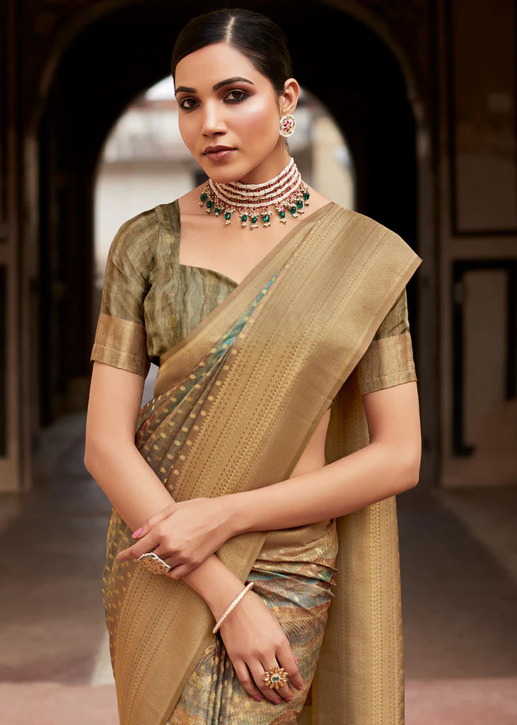 Elegant Brown Banarasi Digital Printed Silk Saree