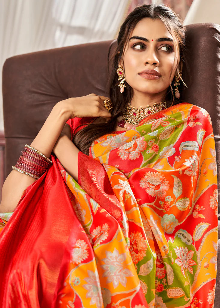 Alluring Red And Yellow Flower Printed Satin Saree