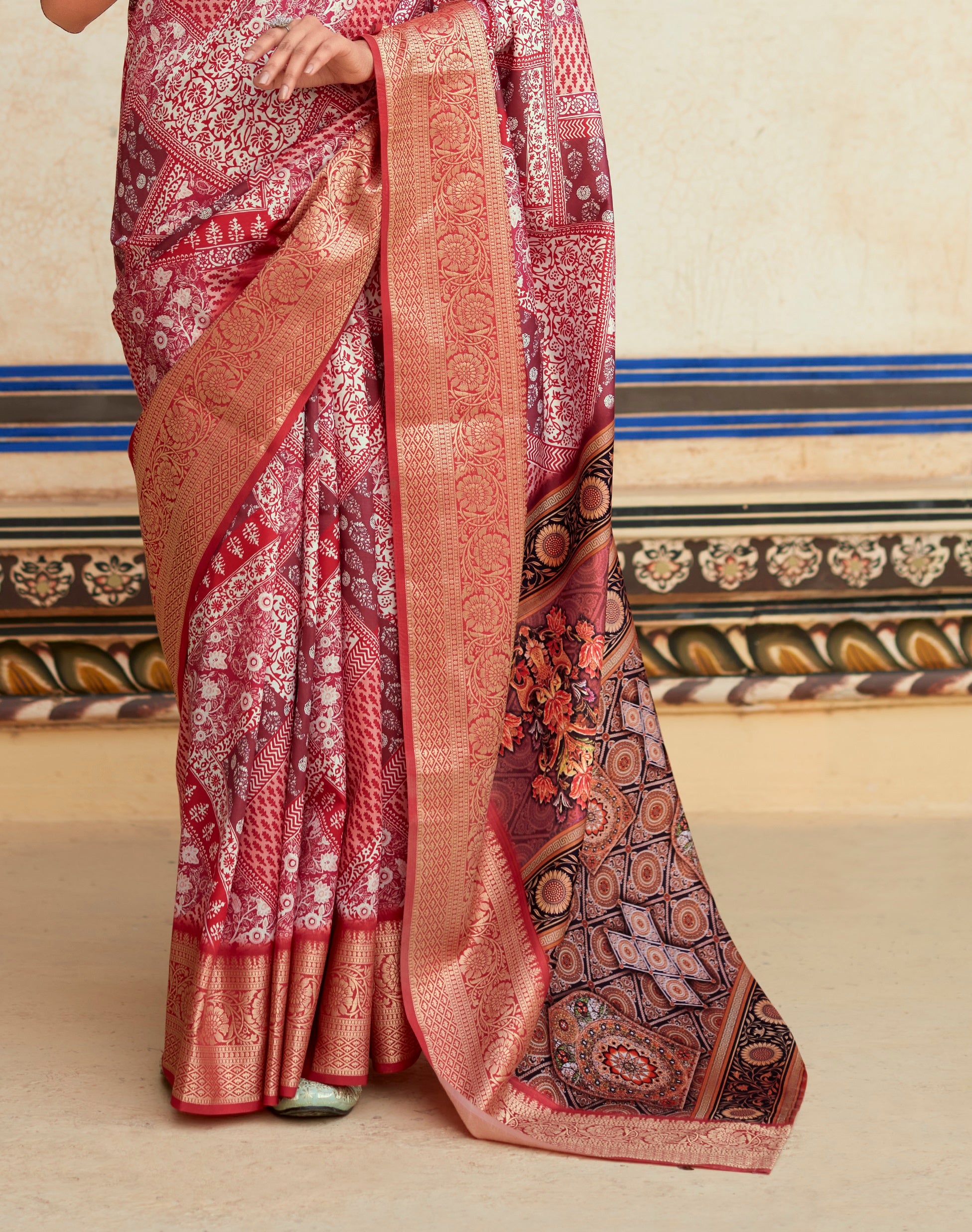 Maroon Digital Printed Dola Silk Saree