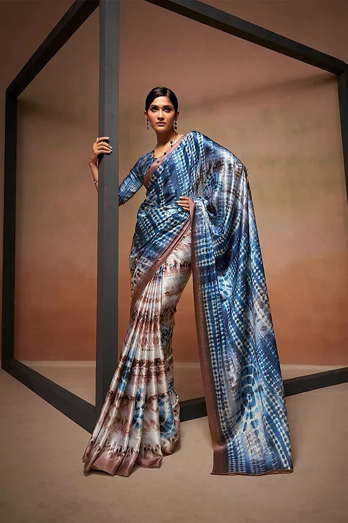 Blue Bollywood Style Soft Satin Crepe Saree