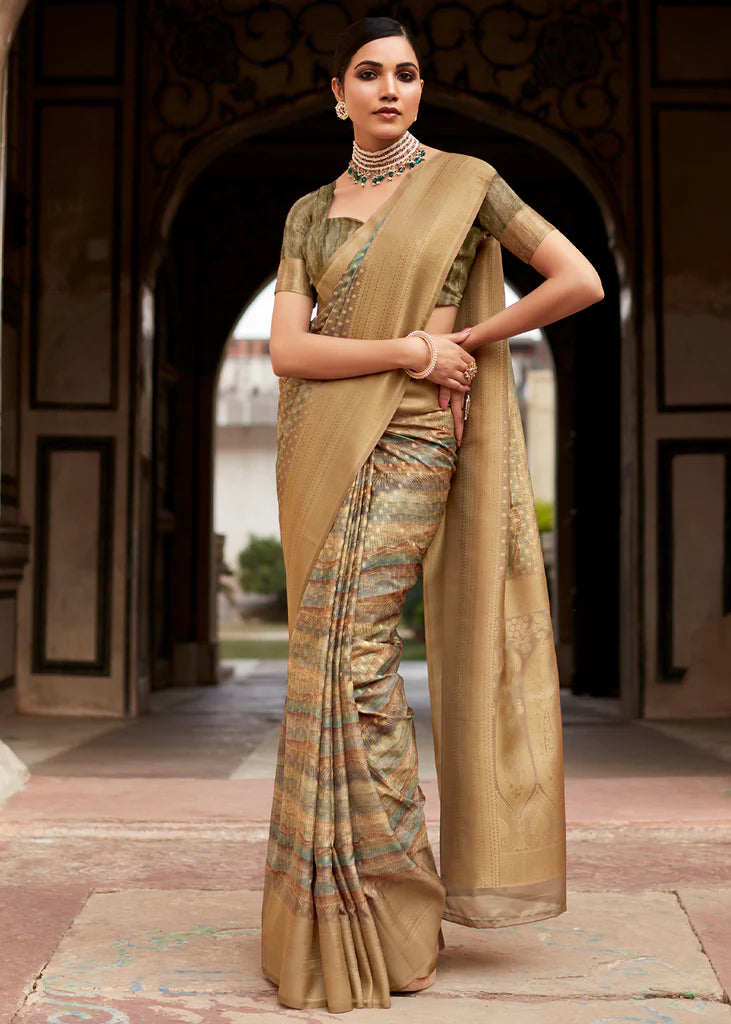 Elegant Brown Banarasi Digital Printed Silk Saree