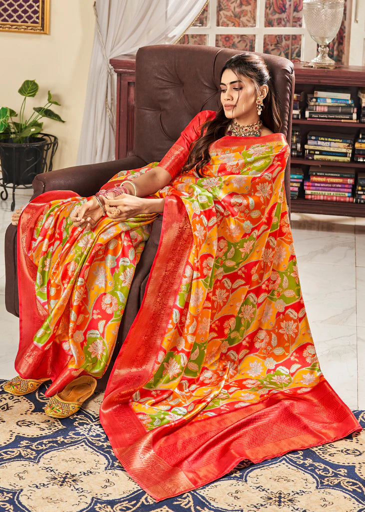 Alluring Red And Yellow Flower Printed Satin Saree