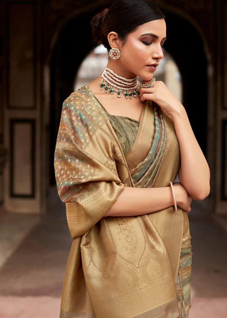 Elegant Brown Banarasi Digital Printed Silk Saree