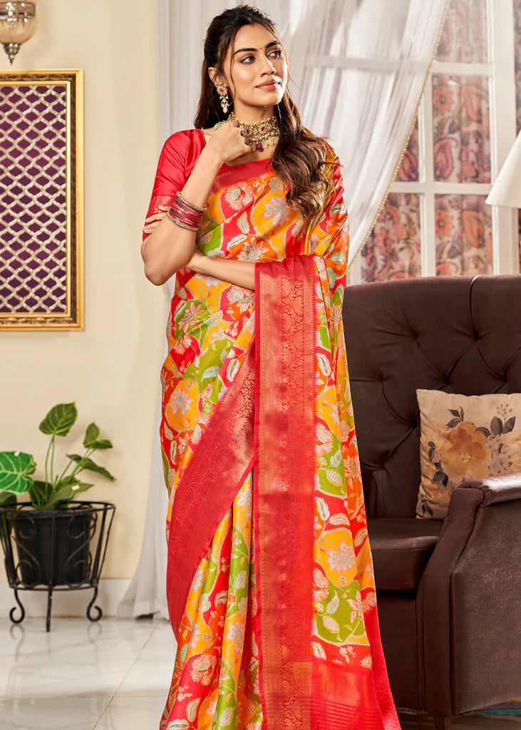 Alluring Red And Yellow Flower Printed Satin Saree