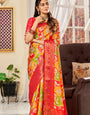 Alluring Red And Yellow Flower Printed Satin Saree