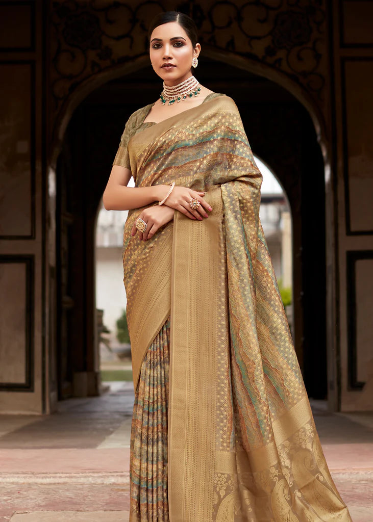 Elegant Brown Banarasi Digital Printed Silk Saree