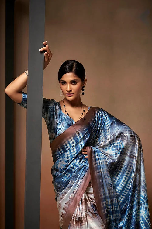 Blue Bollywood Style Soft Satin Crepe Saree