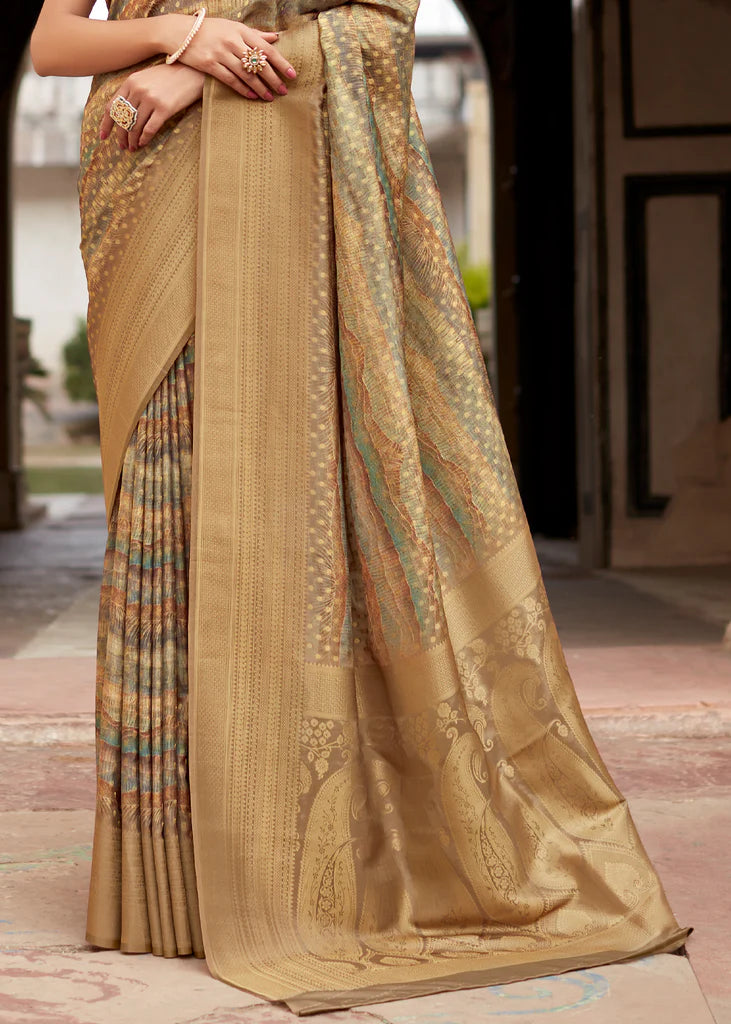 Elegant Brown Banarasi Digital Printed Silk Saree