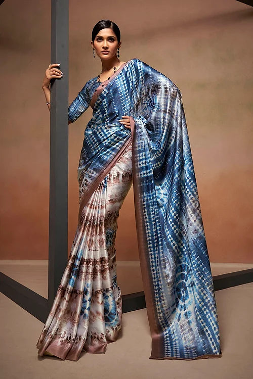 Blue Bollywood Style Soft Satin Crepe Saree