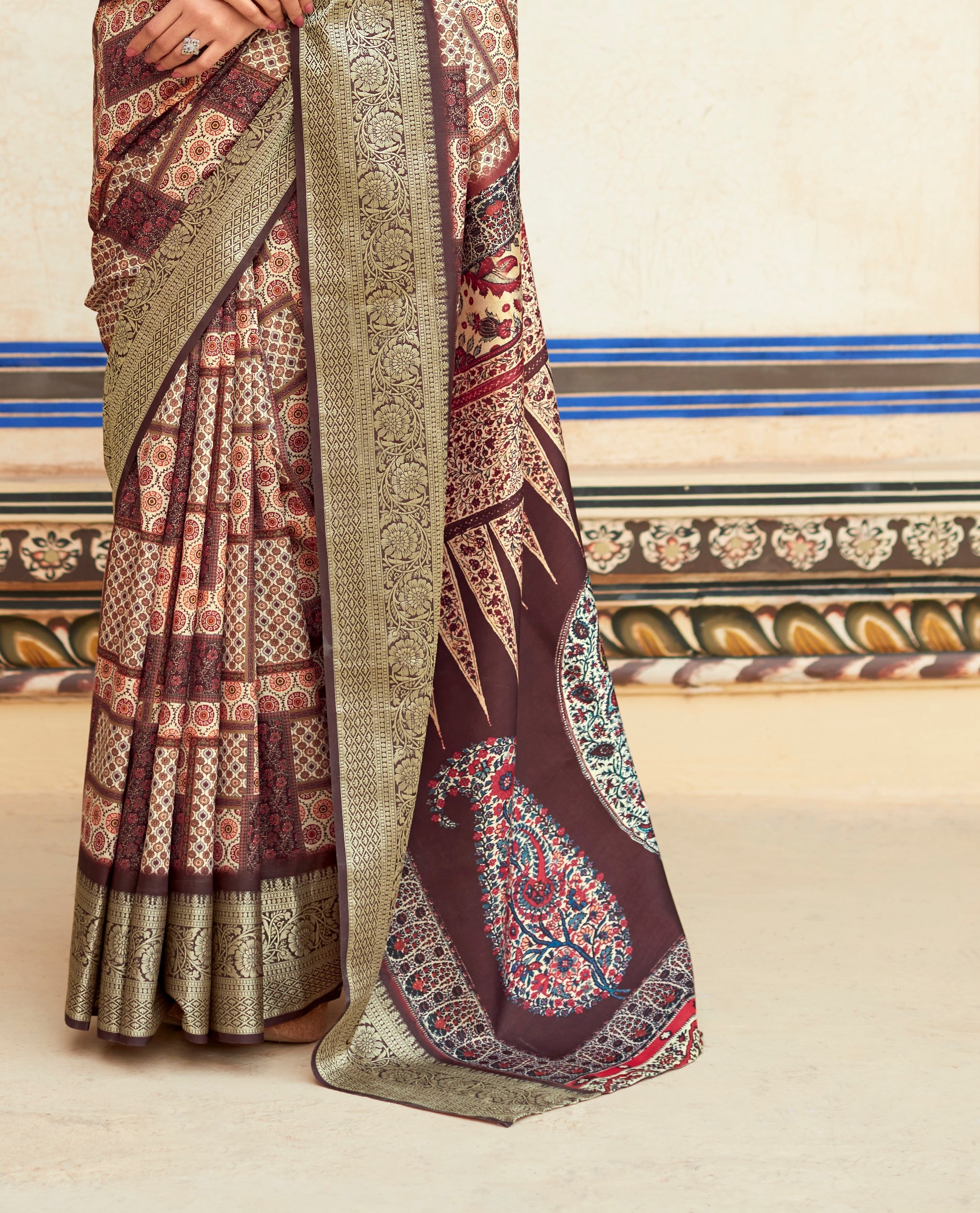 Brown Digital Printed Dola Silk Saree