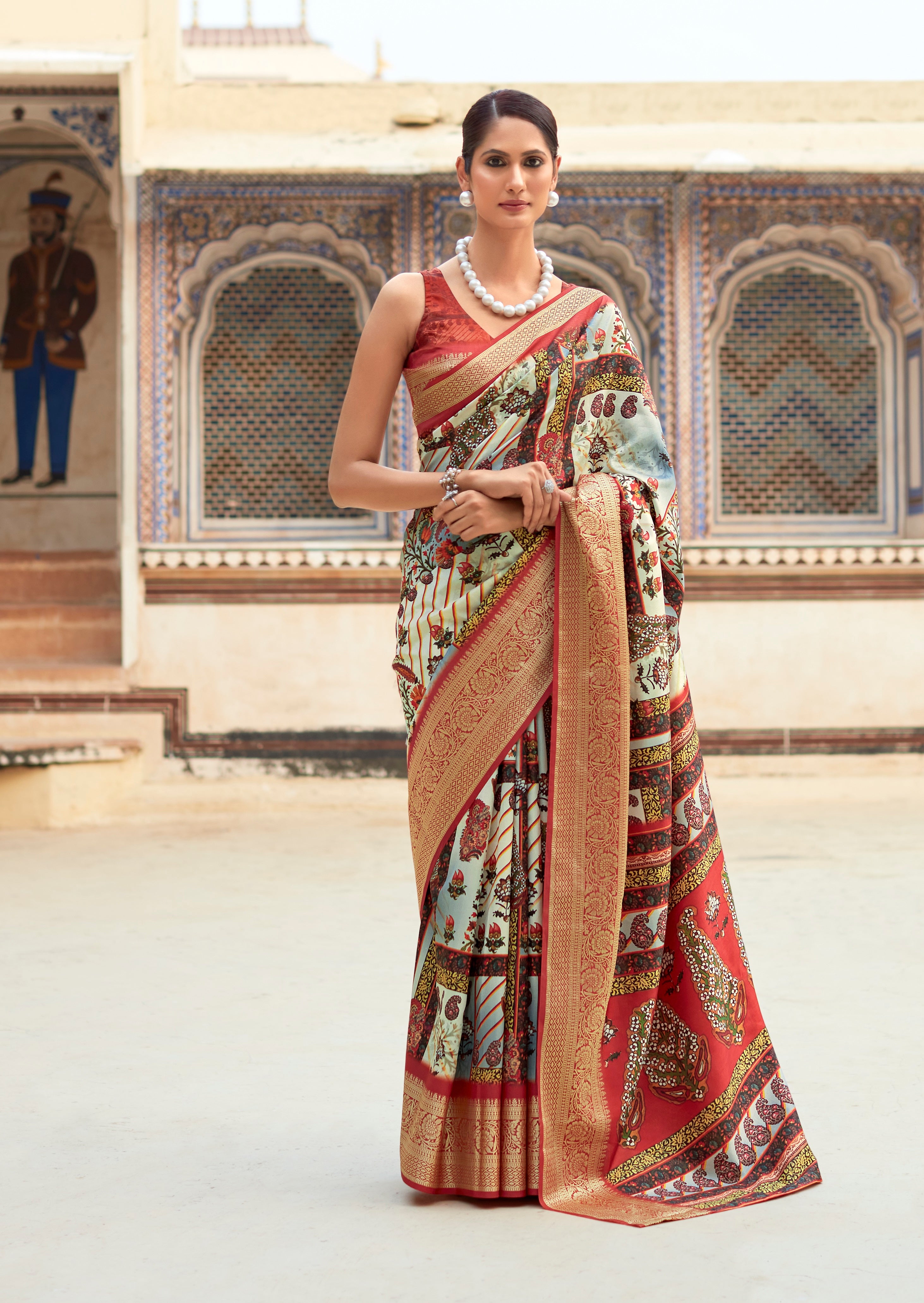 Multicolor Digital Printed Dola Silk Saree