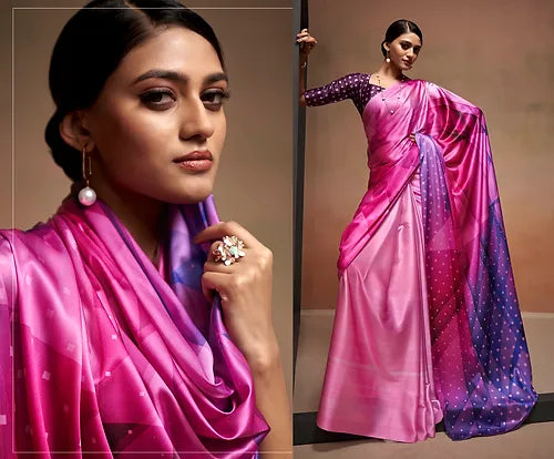 Pink Bollywood Style Soft Satin Crepe Saree