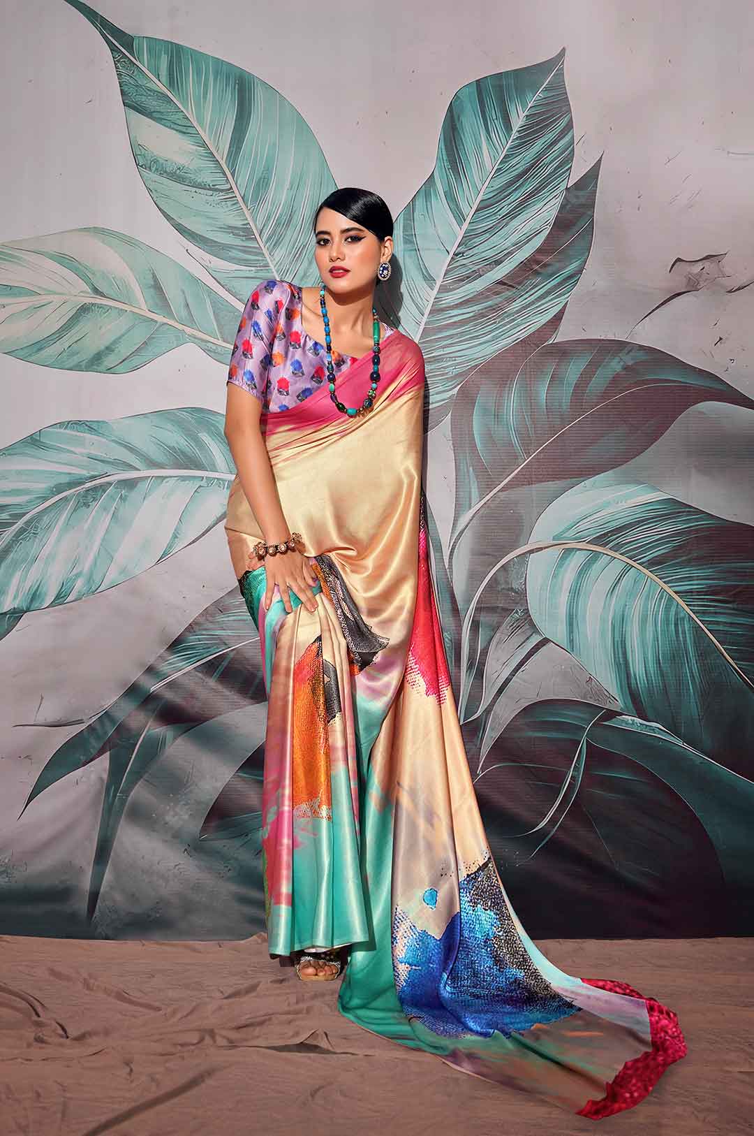 Multicolor Printed Satin Crepe Saree