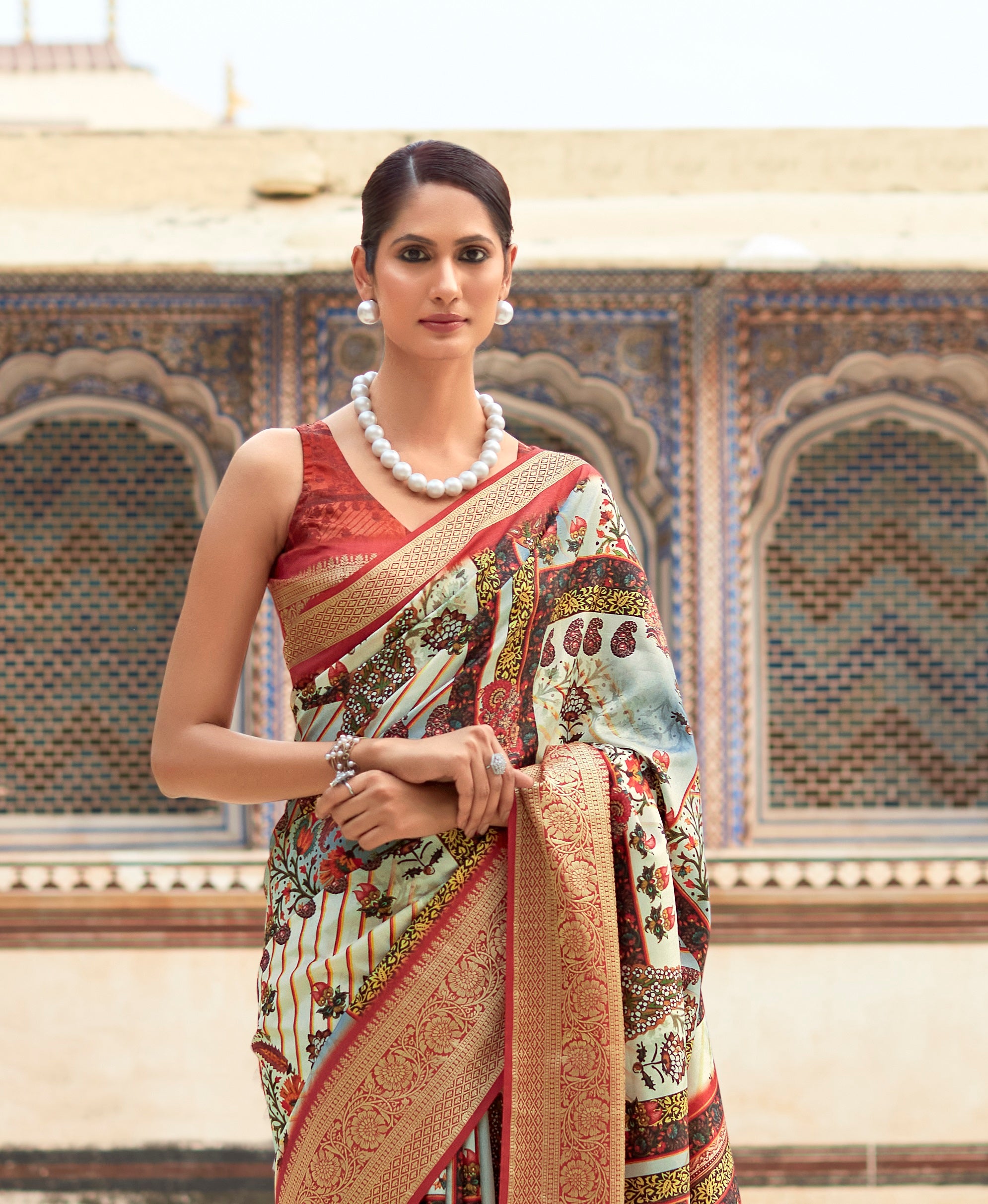 Multicolor Digital Printed Dola Silk Saree