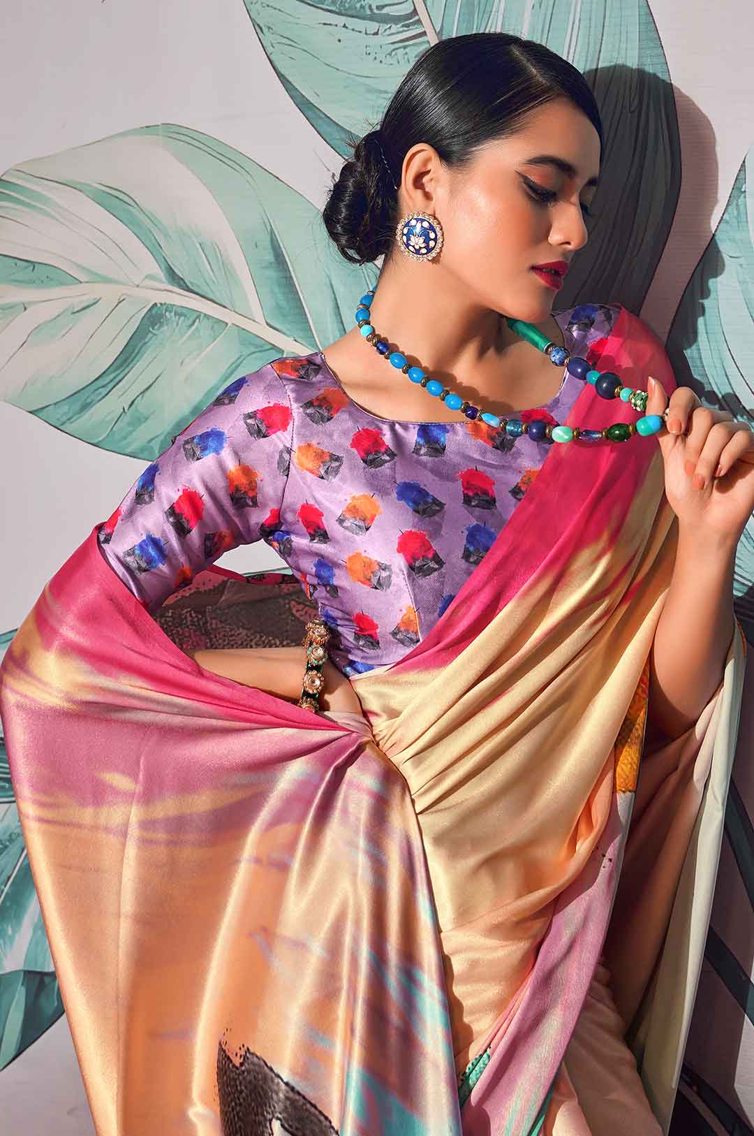 Multicolor Printed Satin Crepe Saree