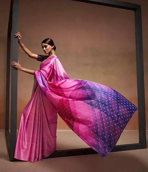 Pink Bollywood Style Soft Satin Crepe Saree