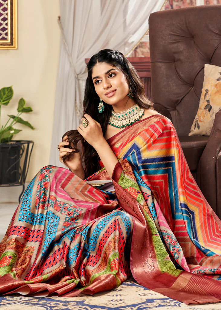 Radiance Multicolor Printed Satin Saree