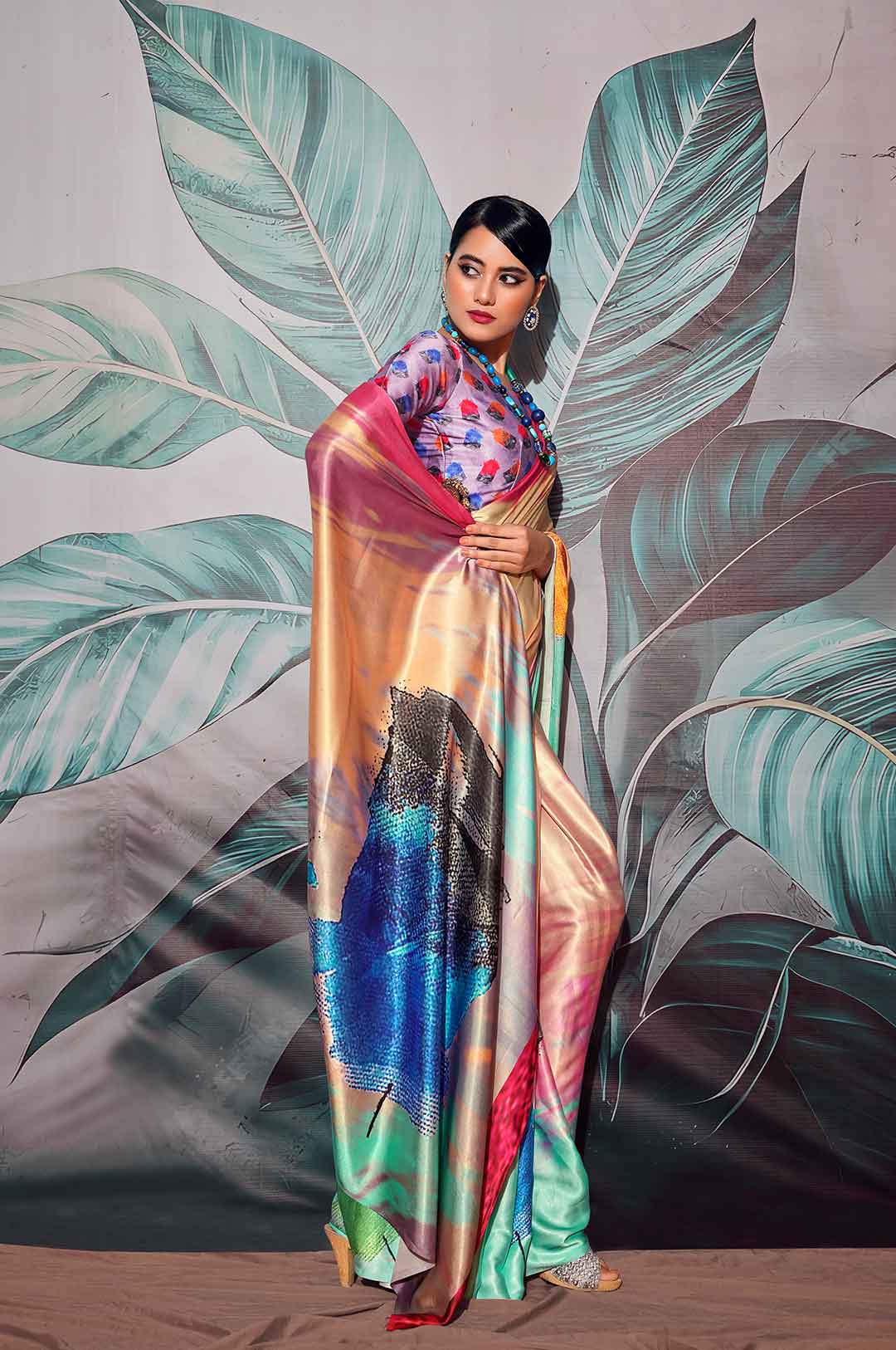 Multicolor Printed Satin Crepe Saree