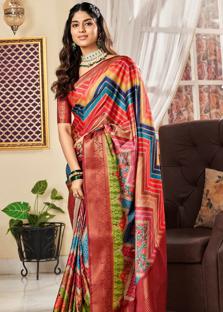 Radiance Multicolor Printed Satin Saree