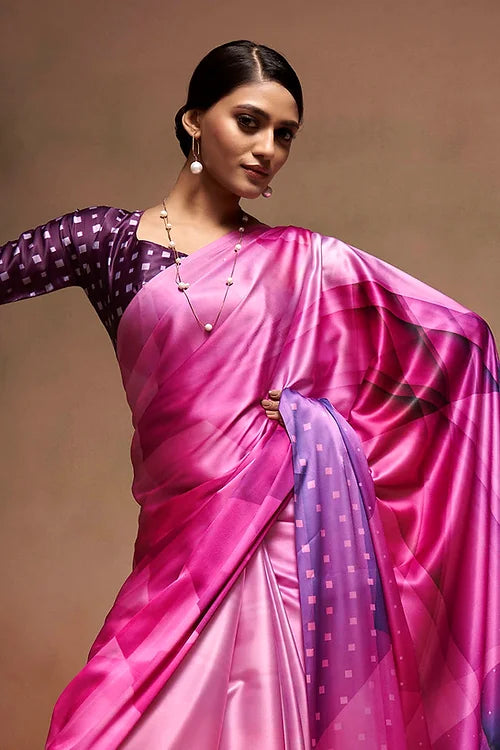 Pink Bollywood Style Soft Satin Crepe Saree