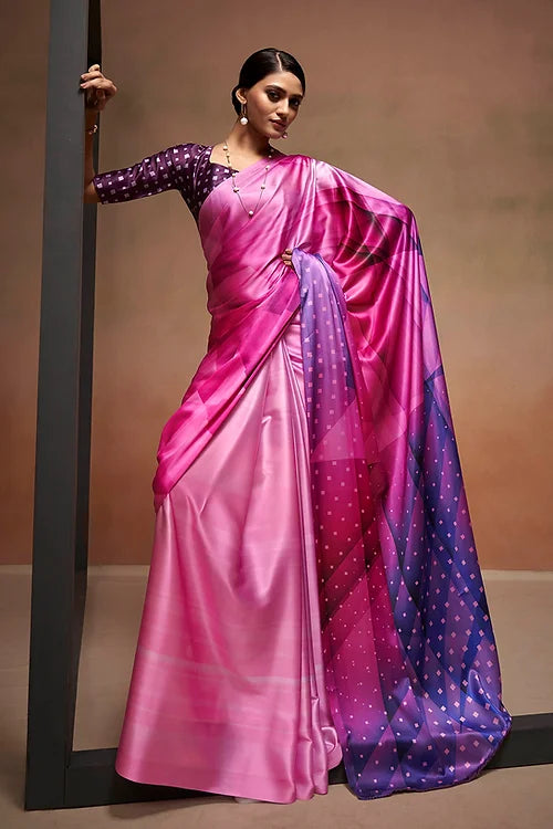 Pink Bollywood Style Soft Satin Crepe Saree