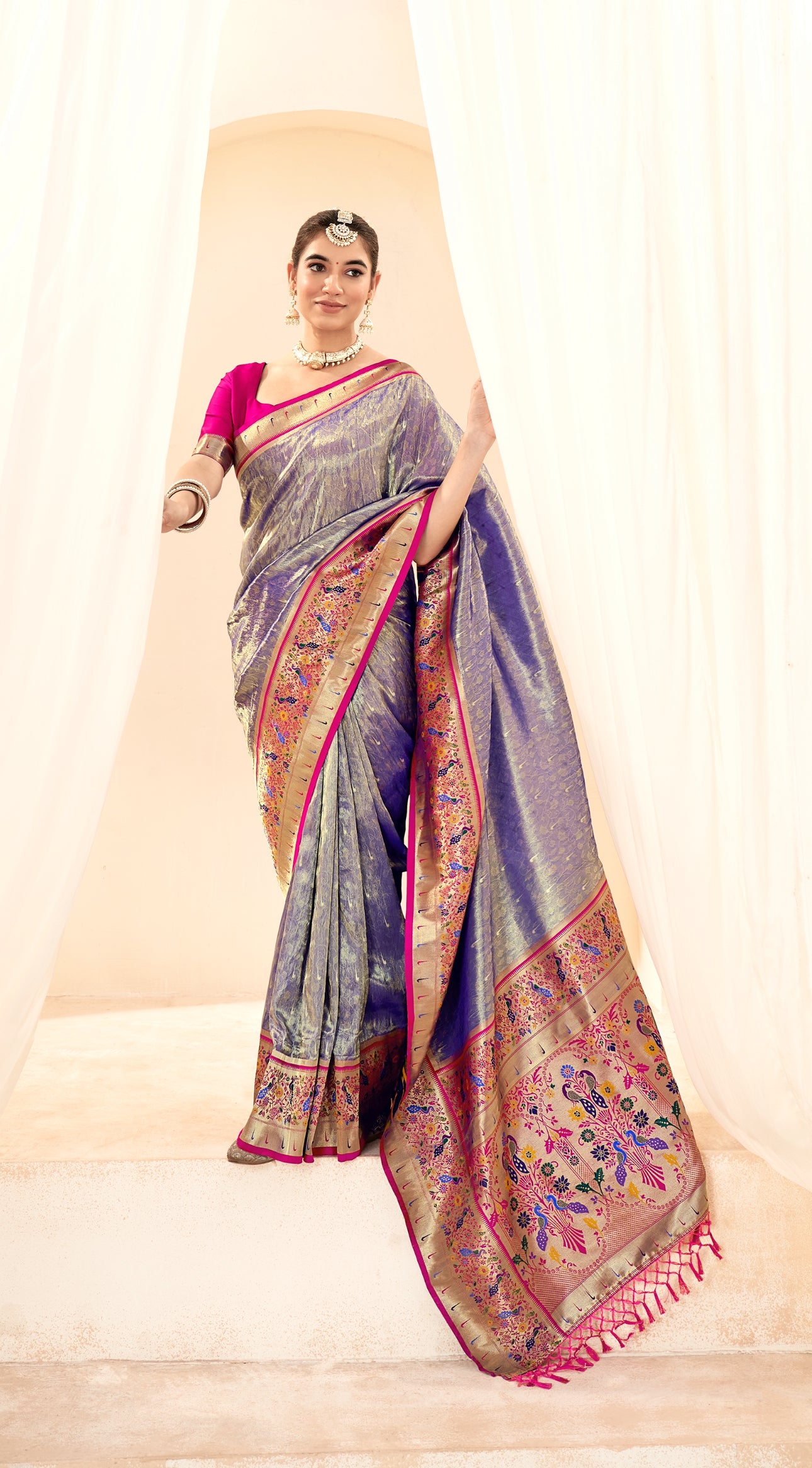 Silver Gray Weaving Paithani Tissue Silk Saree RP6