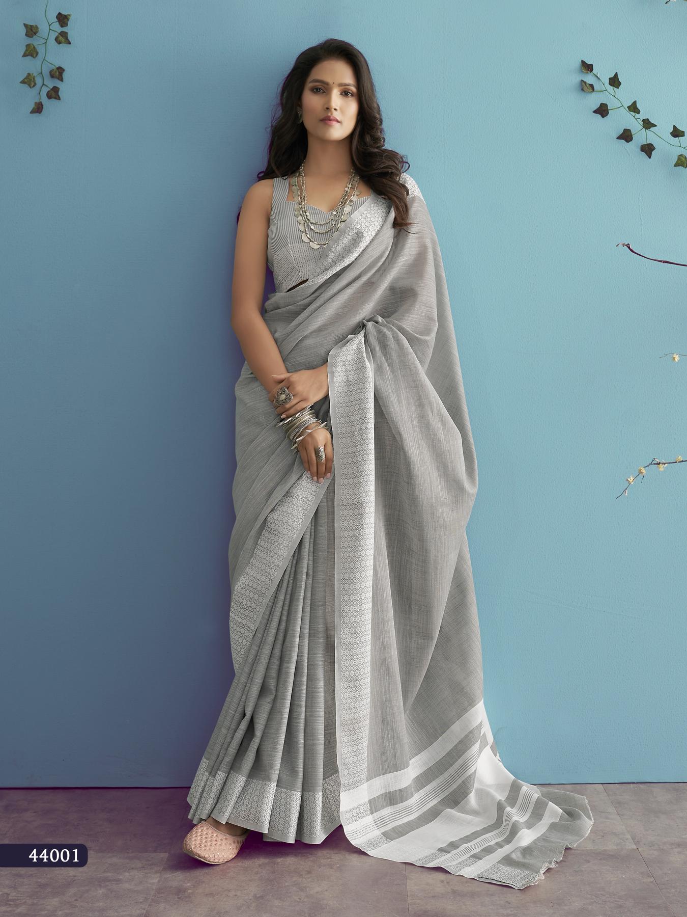 Soft Linen Silk With Chikankari Weaved Border Saree R1