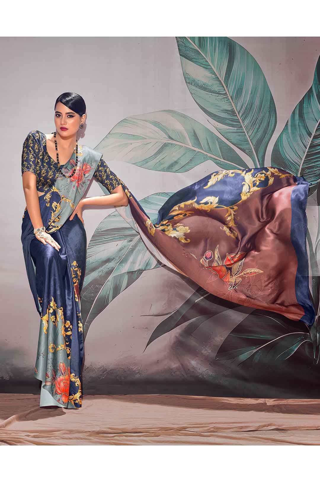 Blue Printed Satin Crepe Saree