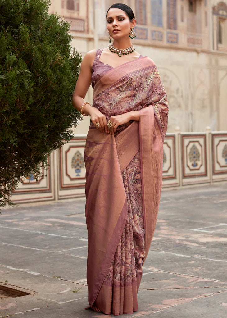 Chocolate Brown Banarasi Digital Printed Silk Saree